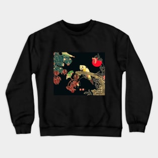 PARROTS ON A BRANCH OF A FLOWERING ROSE BUSH Antique Japanese Floral Crewneck Sweatshirt